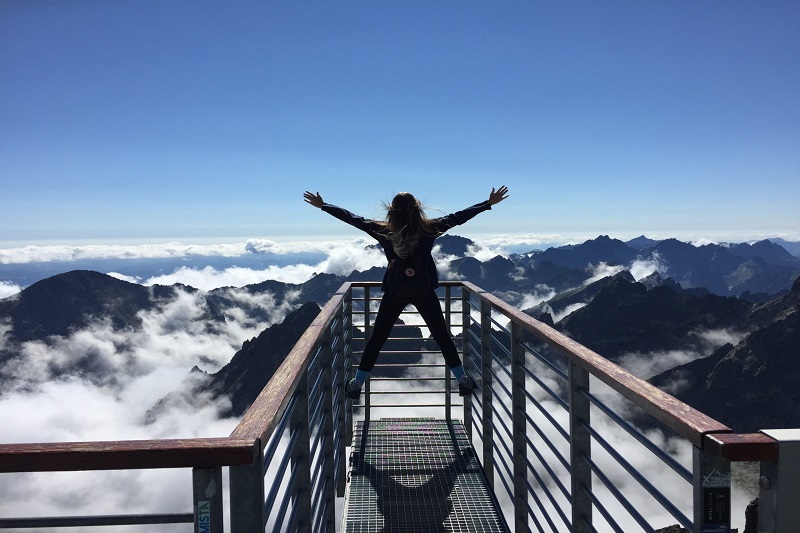 A person doing a victory pose on top of the mountain