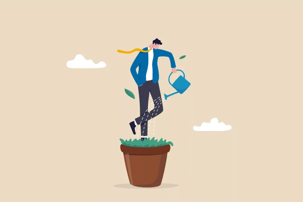 A man water himself for growth