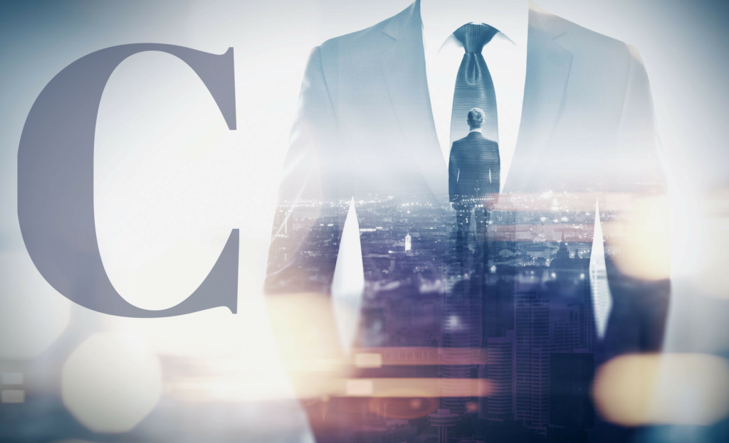 letter C and a man in a suit