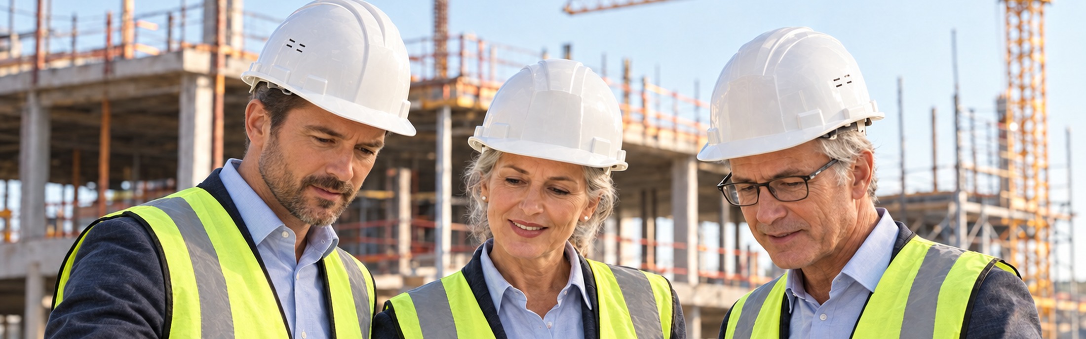 Three construction leaders in white hard hats and safety vests reviewing drawings together on an active job site: a man in his mid-40s, a senior woman and a senior man, with the structure and a tower crane behind them